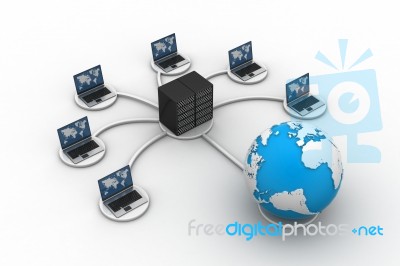 Laptop With Big Server Net Work Firewall Stock Image