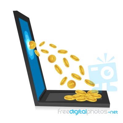 Laptop With Dollar Coins Stock Image