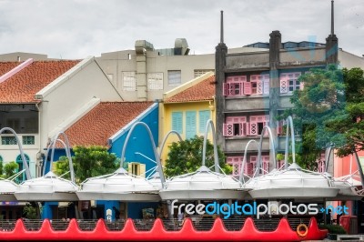 Large Umbrellas At Clarke Quay In Singapore Stock Photo