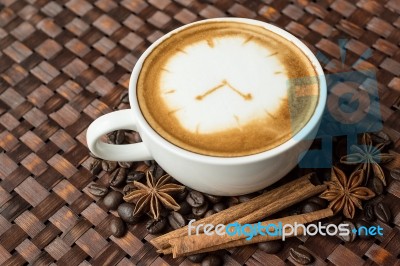 Latte Art, Coffee Cup On Coffee Beans Background Stock Photo