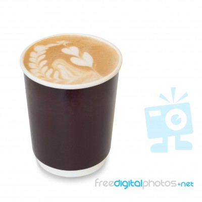 Latte Art Coffee With Heart Figure And Leave On, In Take Away Pa… Stock Photo