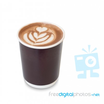 Latte Art Coffee With Heart Figure And Leave On, In Take Away Pa… Stock Photo