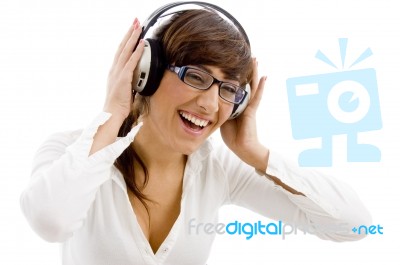 laughing lady Listening Music Stock Photo