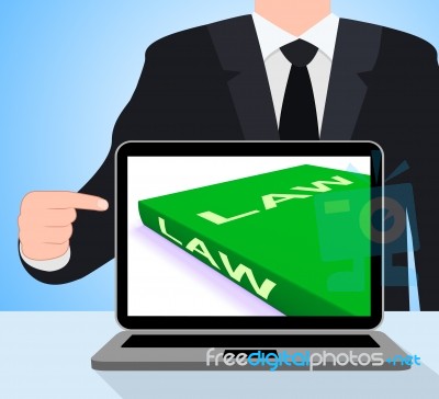 Law Book Laptop Shows Books About Legal Justice Stock Image