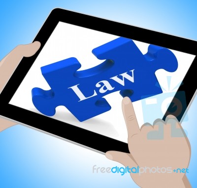 Law Tablet Means Justice And Legal Information Online Stock Image