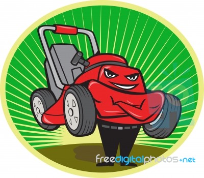 Lawn Mower Man Cartoon Oval Stock Image