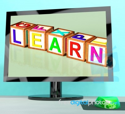 Learn Blocks On Computer Screen Showing Online Kids Education Stock Image