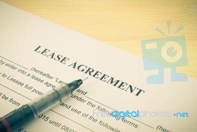 Lease Agreement Contract Document And Pen Bottom Left Corner Vintage Style Stock Photo