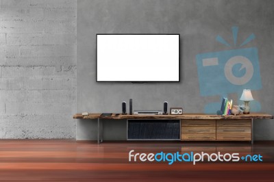 Led Tv On Concrete Wall With Wooden Furniture In Living Room Stock Photo