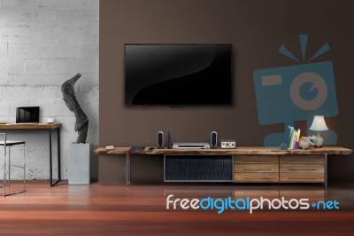 Led Tv On Concrete Wall With Wooden Furniture In Living Room Stock Photo