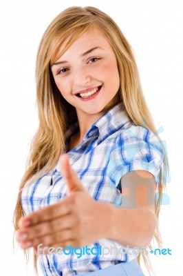 Left Handed Woman Gives Shake Hand Stock Photo