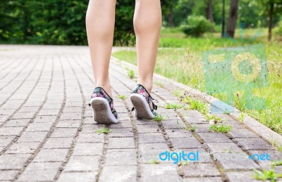 Legs Of A Woman Walking On The Sidewalk Stock Photo