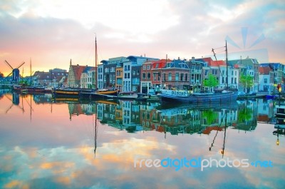 Leiden City Wharf And Galgewater At Sunset Stock Photo