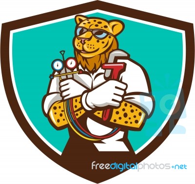 Leopard Heating Specialist Mechanic Shield Cartoon Stock Image