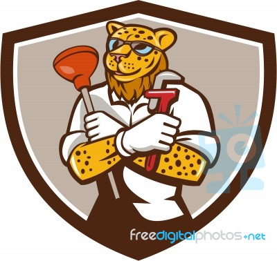 Leopard Plumber Wrench Plunger Crest Retro Stock Image