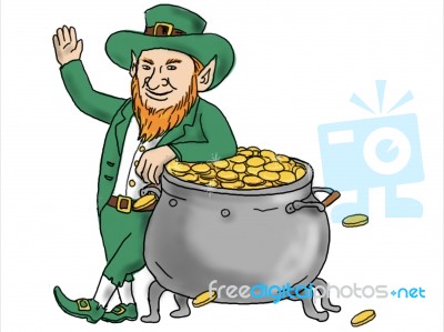 Leprechaun Standing By Pot Of Gold Drawing Stock Image