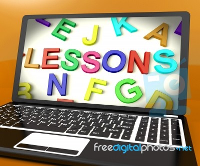 Lessons Message On Computer Screen Showing Online Education Stock Image