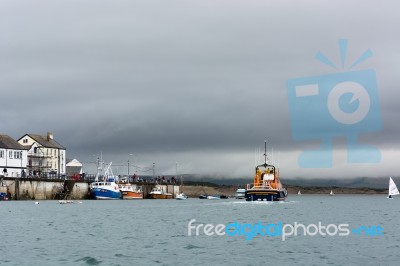 Lifeboat Cruising Off Appledore Devon Stock Photo