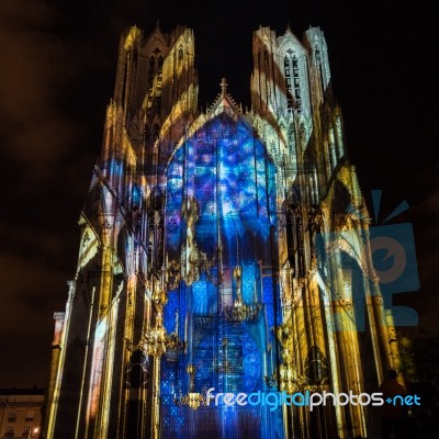 Light Show At Reims Cathedral In Reims France On September 12, 2… Stock Photo