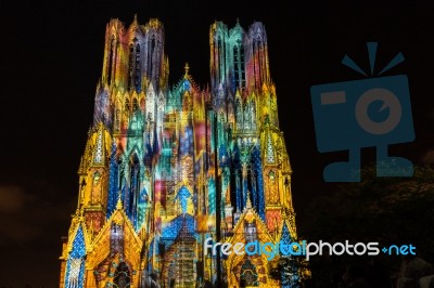 Light Show At Reims Cathedral In Reims France On September 12, 2… Stock Photo