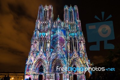 Light Show At Reims Cathedral In Reims France On September 12, 2… Stock Photo