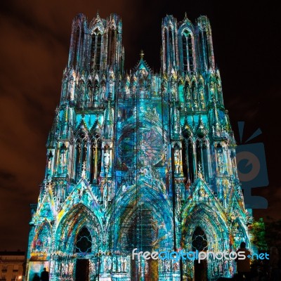 Light Show At Reims Cathedral In Reims France On September 12, 2… Stock Photo