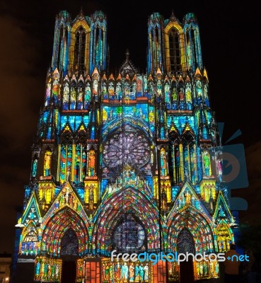 Light Show At Reims Cathedral In Reims France On September 12, 2… Stock Photo