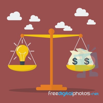 Lightbulb Ideas And Money Balance On The Scale Stock Image