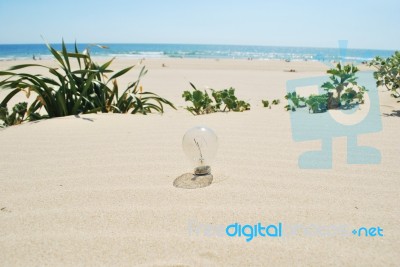 Lightbulb On Sand (global Warming) Stock Photo