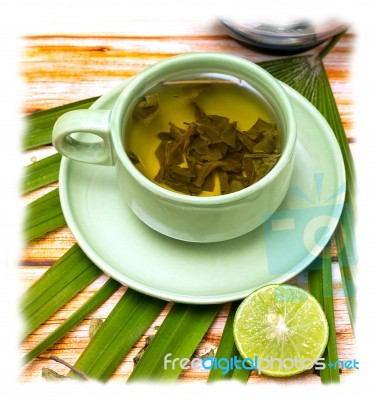 Lime Green Tea Shows Refreshing Teas And Cafeteria Stock Photo