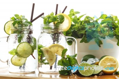 Lime Lemon Soda Mint Rosemary Fresh Drink Summer Refreshment Stock Photo