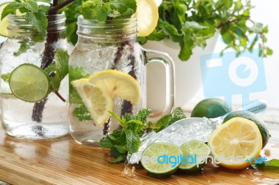 Lime Lemon Soda Mint Rosemary Fresh Drink Summer Refreshment Stock Photo