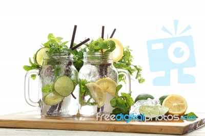 Lime Lemon Soda Mint Rosemary Ice Fresh Drink Summer Refreshment… Stock Photo