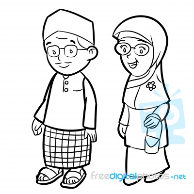 Line Drawing Of Adult Malay Cartoon -character  Stock Image