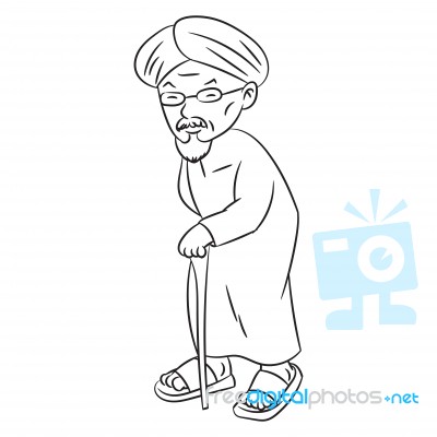 Line Drawing Of Malay Grandfater Cartoon -character  Stock Image