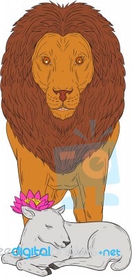 Lion Standing Over Lamb Lotus Flower Drawing Stock Image