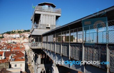 Lisbon Cityscape With Castle And Santa Justa Elevator Stock Photo