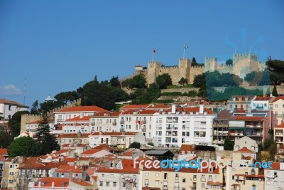 Lisbon Cityscape With Sao Jorge Castle Stock Photo