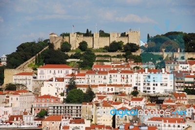 Lisbon Cityscape With Sao Jorge Castle Stock Photo