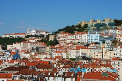 Lisbon Cityscape With Sao Jorge Castle And Gra硠church Stock Photo