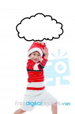 Little Asian Boy In Santa Hat Funny Acting Isolated On White Stock Photo