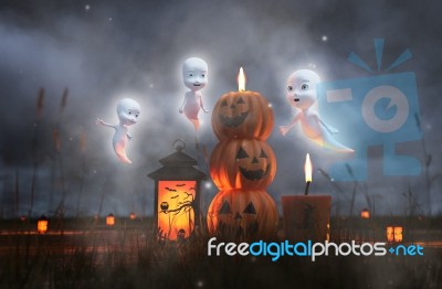 Little Cartoon's Ghosts Spirit Floating And Enjoying Halloween Stock Image