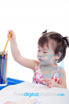 Little Girl Choosing Colour Pencil For Draw Picture Stock Photo