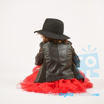 Little Girl Fashion Model With Black Hat Stock Photo