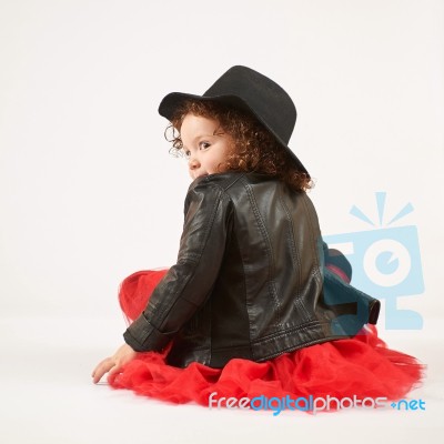 Little Girl Fashion Model With Black Hat Stock Photo