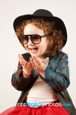 Little Girl Fashion Model With Black Hat Stock Photo