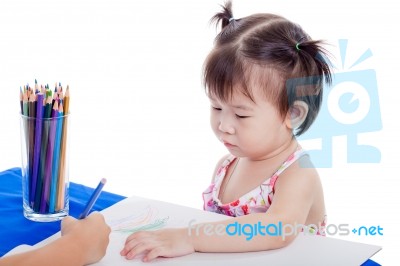 Little Girl Looking Another Child Drawing Stock Photo