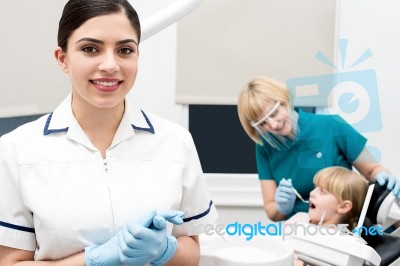 Little Girl Treated At Clinic Stock Photo