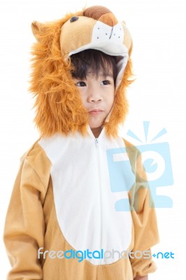 Little Lovely Asian Boy Costumed Like A Lion And Looking Ahead Stock Photo