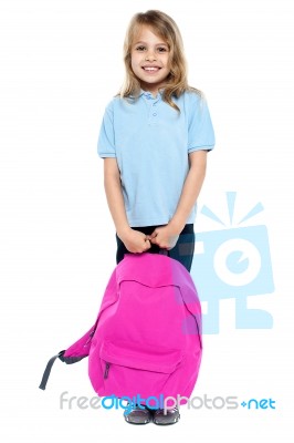 Little Schoolgirl Posing With Pink Backpack Stock Photo